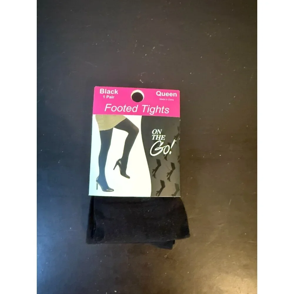 New NIP On The Go Footed Black Tights Pantyose Women’s Size Queen Plus Goth